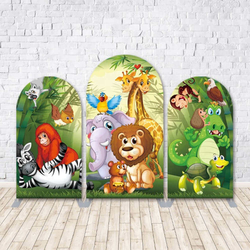 Jungle Safari Animals Arched Backdrop featuring a colorful design with lions, elephants, zebras, giraffes, and other jungle animals, perfect for kids’ parties and celebrations.