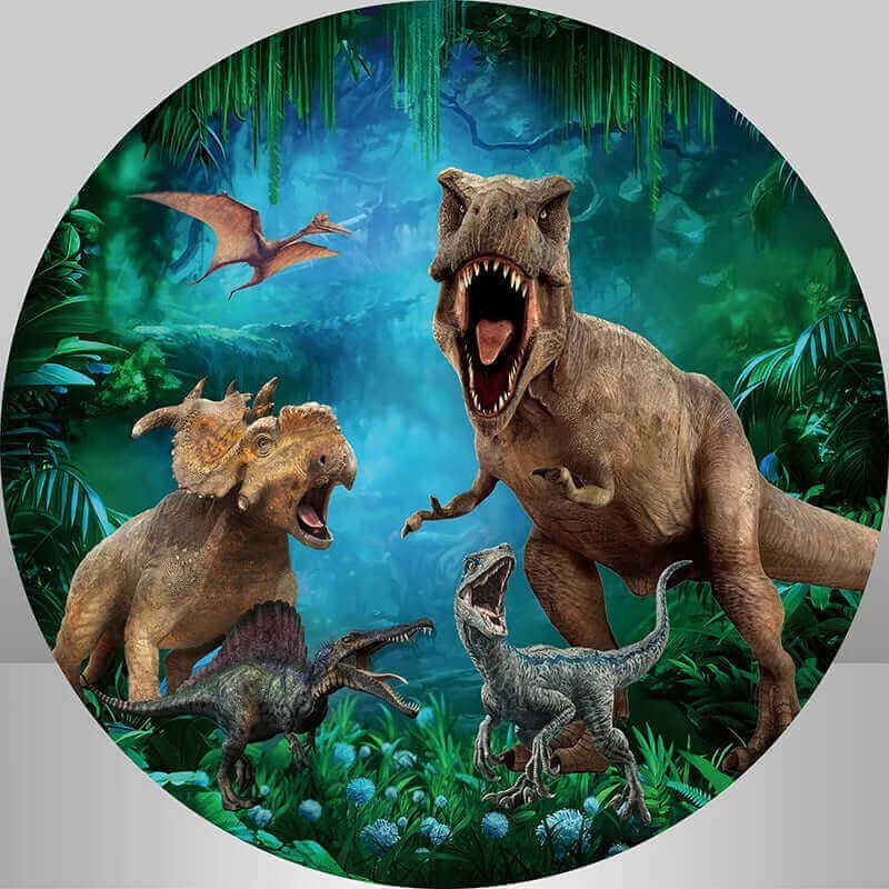 Prehistoric dinosaur backdrop featuring a T-Rex, Triceratops, and Velociraptor in a lush jungle setting, perfect for dinosaur-themed parties and events.