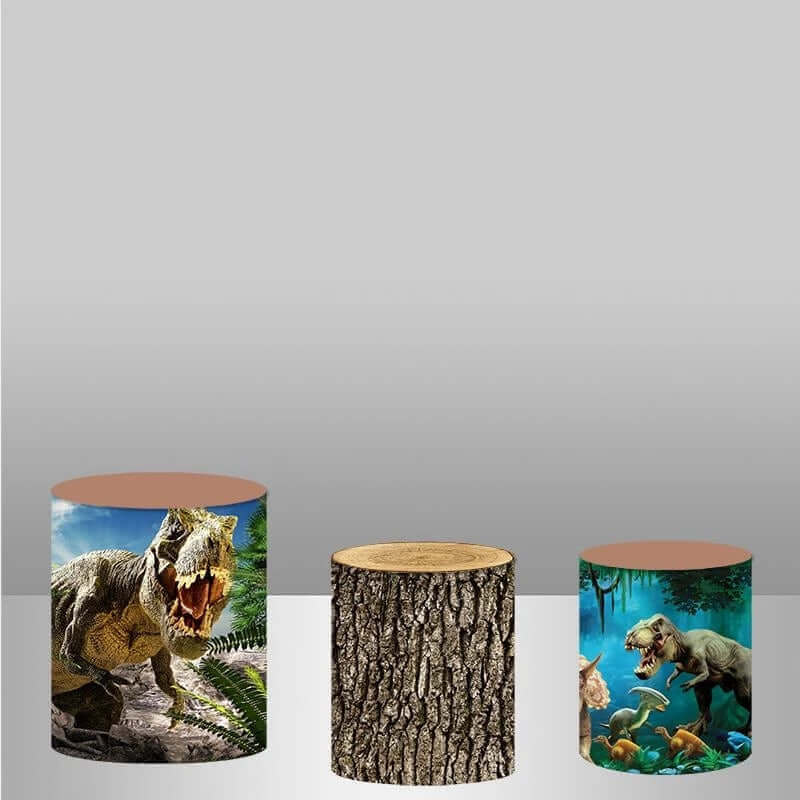 Three cylinder covers featuring different dinosaur species and vibrant jungle scenes, including a T-Rex, Triceratops, and other dinosaurs, perfectly complementing the backdrop.