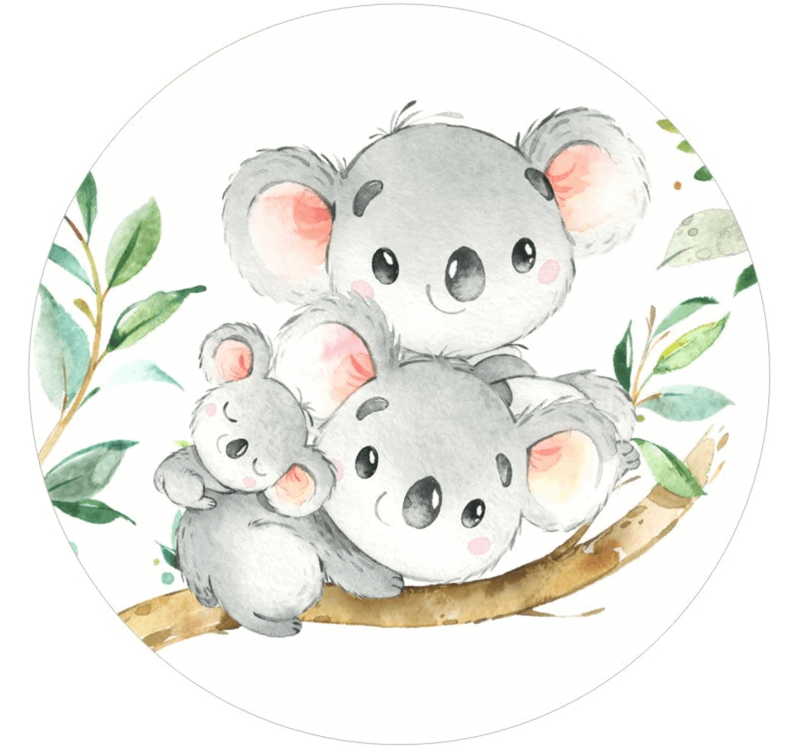 Adorable koala mom and baby surrounded by greenery, ideal for baby shower and nursery décor.