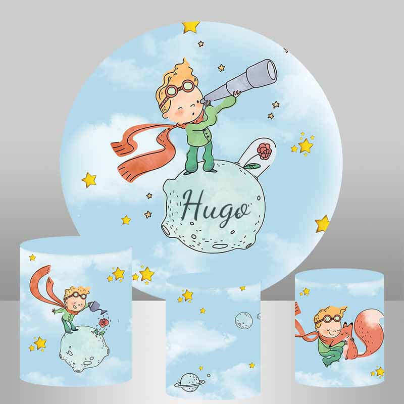 A Little Prince-themed party backdrop featuring a boy with a telescope on a small planet, surrounded by stars and a soft blue sky, paired with matching cylinder covers.