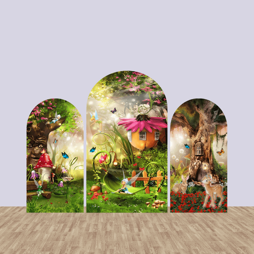 A magical forest Chiara arch backdrop set featuring three panels with fairy tale scenes, including a fairy house, woodland creatures, and vibrant flowers, perfect for enchanted party themes.