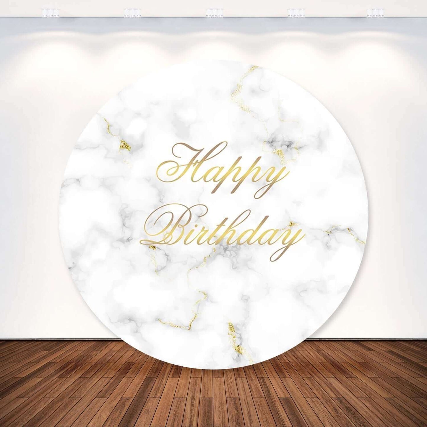 Marble pattern with gold "Happy Birthday" script backdrop, perfect for elegant birthday celebrations.