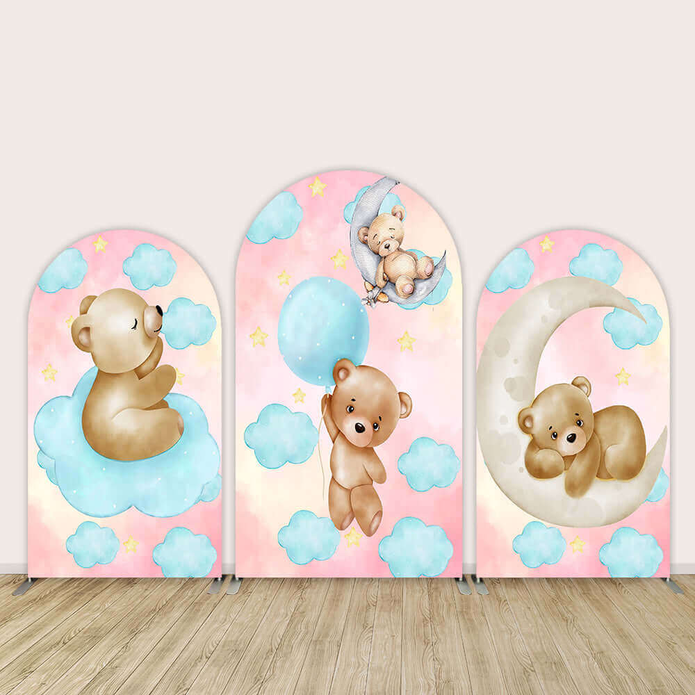 A Moon and Clouds Bear Chiara arch backdrop set with three panels, featuring teddy bears on clouds, a crescent moon, and a pastel-colored sky with stars, ideal for baby-themed celebrations.