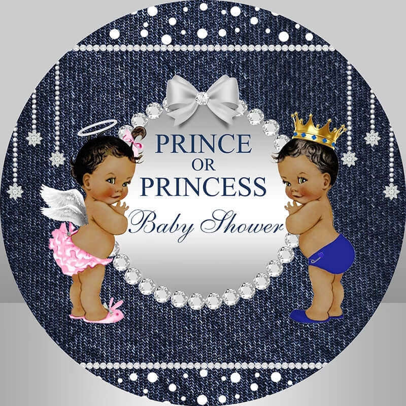 Navy blue backdrop with prince and princess baby characters and diamond details for baby shower celebrations.