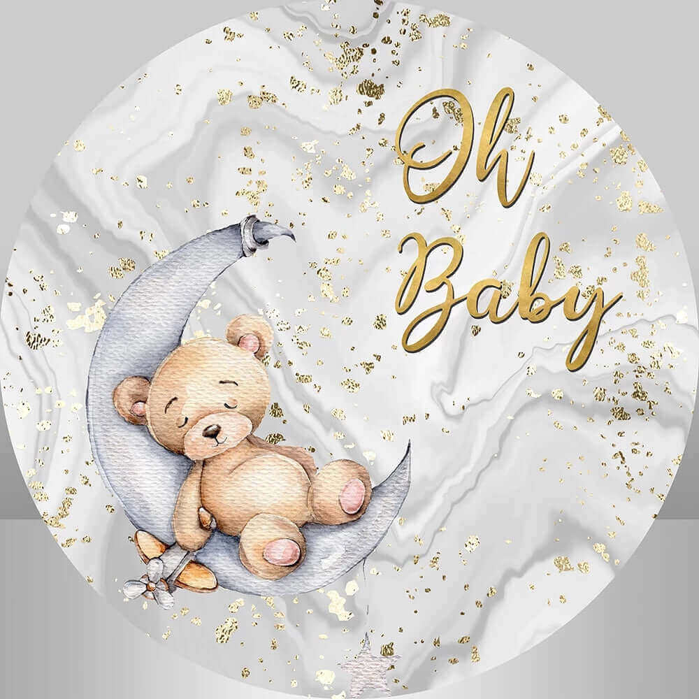 Sleeping bear on a crescent moon with gold stars and a marble backdrop, ideal for baby showers and photography.