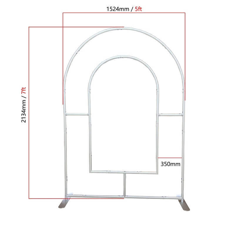 A white open-arch metal frame stand with dimensions labeled in red text. The overall height is 2134 mm (7 ft), the width is 1524 mm (5 ft), and the smaller interior arch has a width of 350 mm. The stand is constructed with a sturdy metal frame and a flat base for stability.