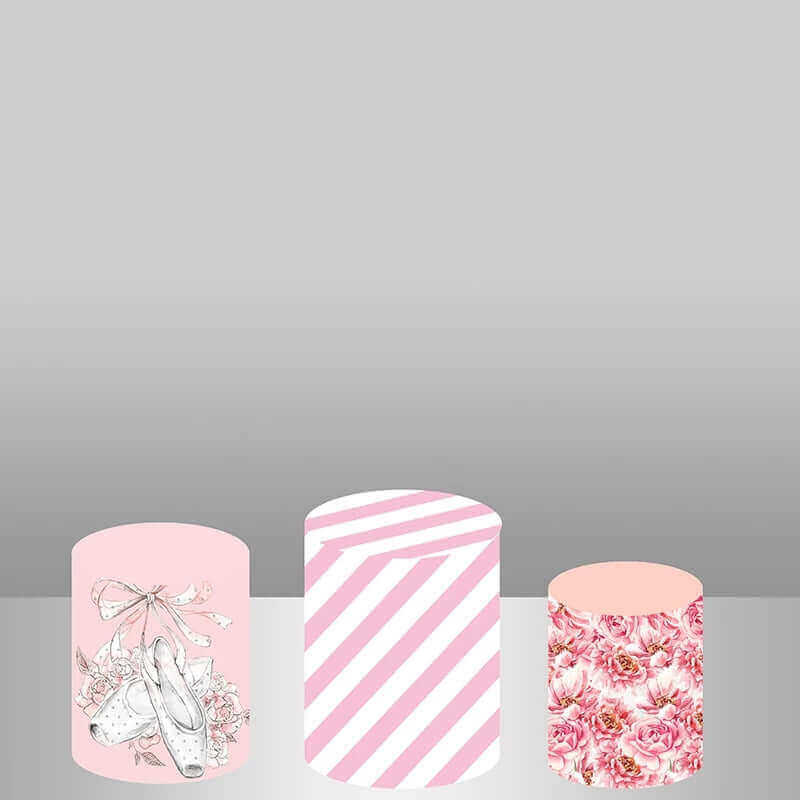 Three coordinating cylinder covers: one with ballet slippers and flowers, another with pink and white stripes, and the last with a pink rose pattern, matching the ballet dancer backdrop.