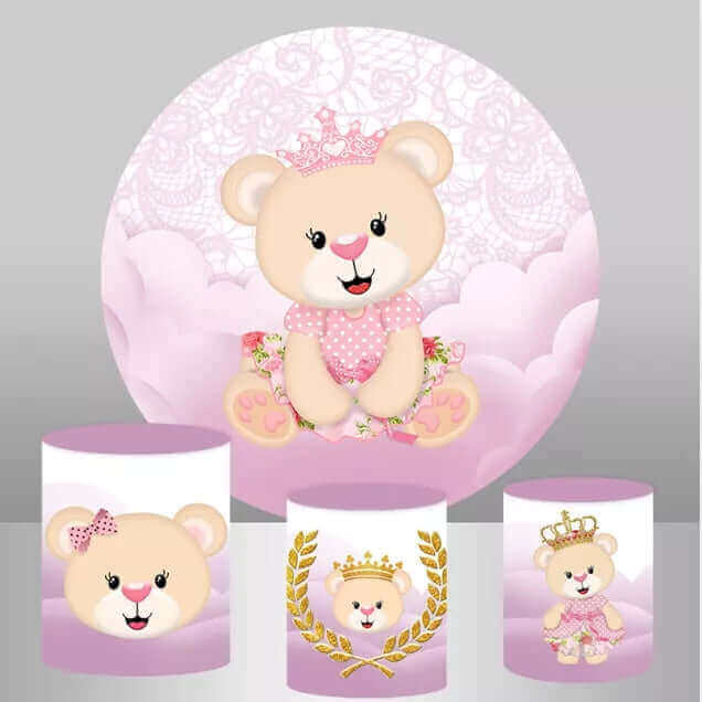 Princess bear crown backdrop featuring a bear in a pink dress and crown surrounded by clouds, complemented by three matching cylinder covers with a bear, bow, and crown designs.