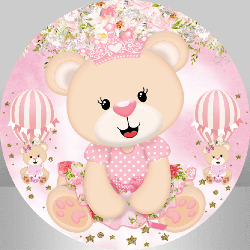 Cute princess bear backdrop featuring flowers, pink balloons, and gold stars, ideal for baby girl events.