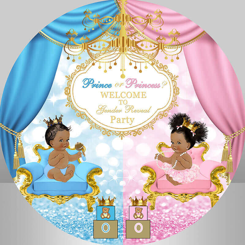 "Prince or Princess?" gender reveal backdrop featuring royal throne chairs, pink and blue curtains, and golden details.