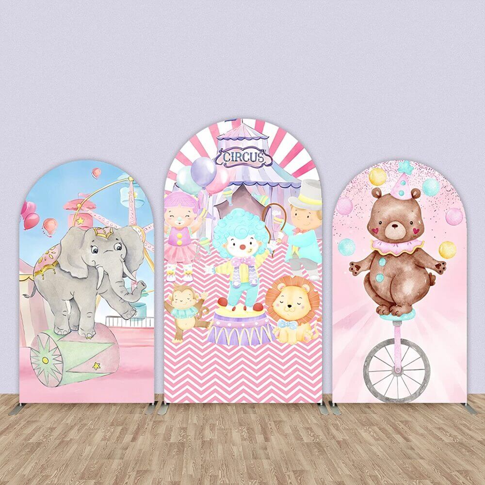 Set of three arched circus-themed backdrops featuring a balancing elephant, a cheerful clown with animals, and a bear on a unicycle for kids’ party decoration.