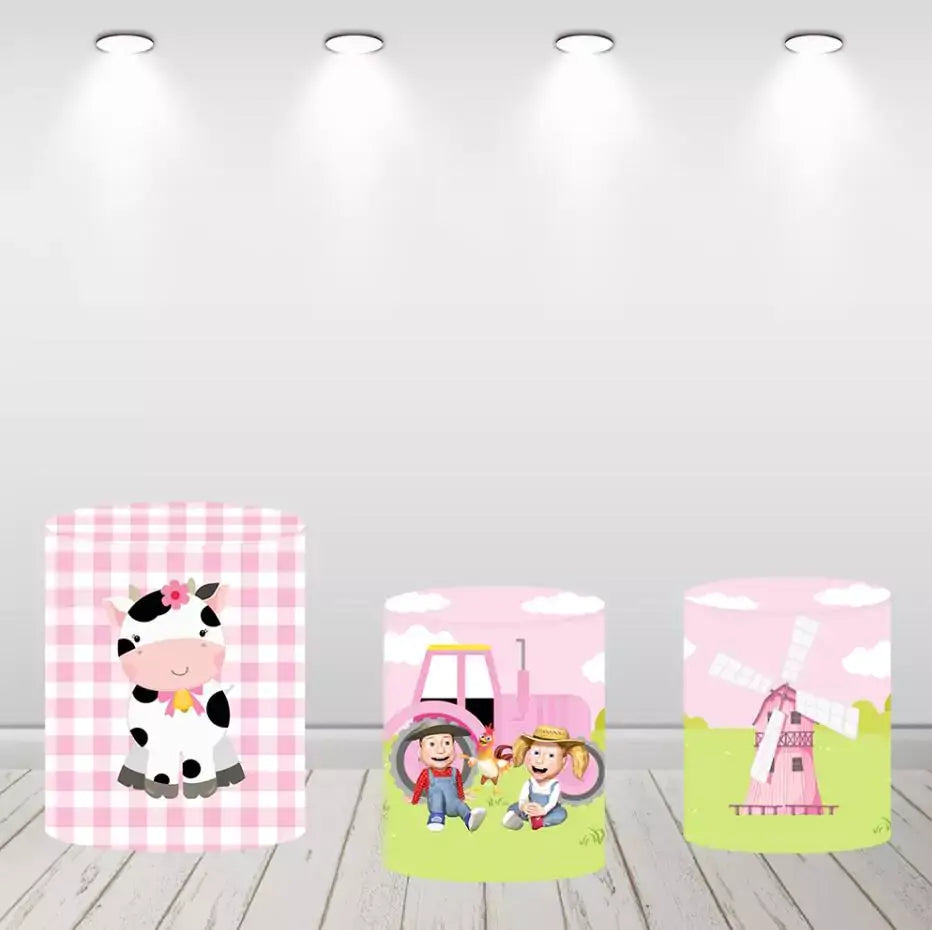 Pink Farm Animals Girl Birthday Party Round Circle Backdrop