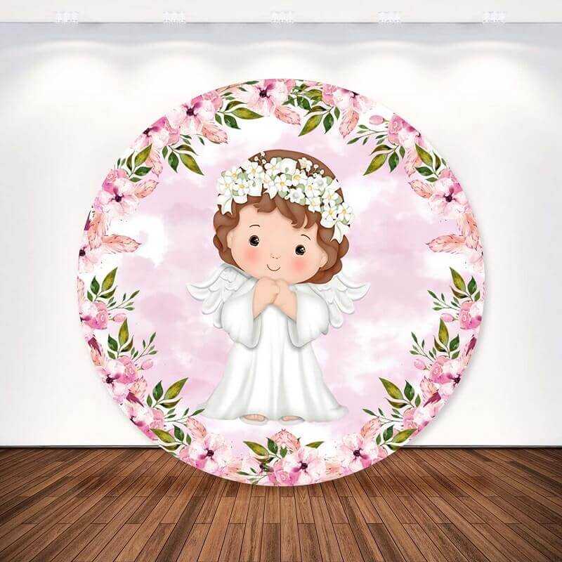 Pink floral angel girl baptism backdrop with floral crown and soft watercolor design.