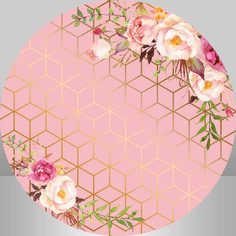 Elegant pink and gold geometric floral backdrop with watercolor roses for birthday or wedding celebrations.