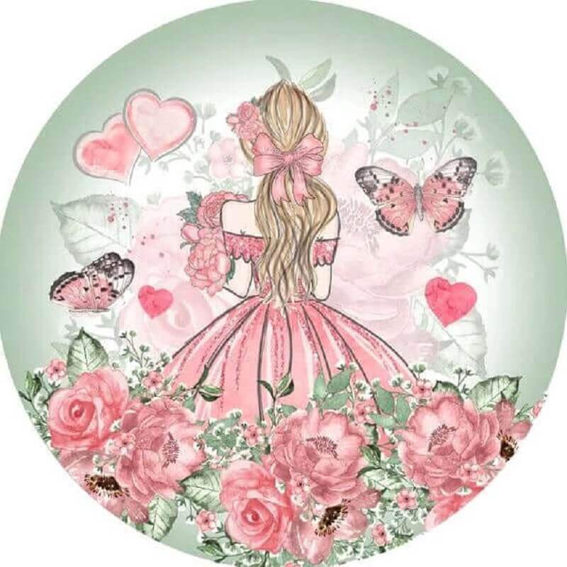 Fashionable round backdrop showcasing a woman in a pink dress with a bow in her hair, surrounded by roses, butterflies, and heart-shaped elements.