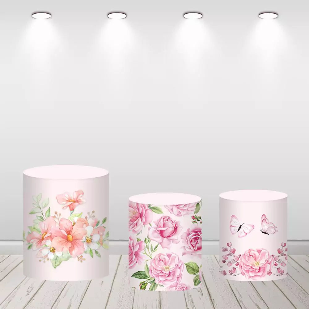 Pink Flowers Girls Birthday Party Round Backdrop Cylinder Covers