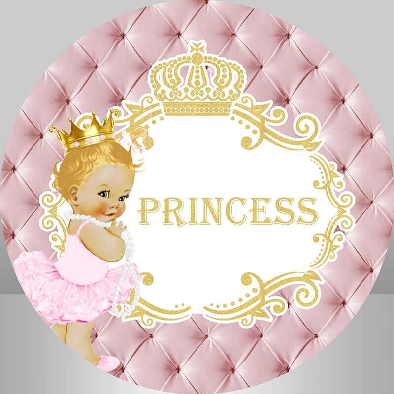 Elegant pink and gold princess backdrop with crown and "PRINCESS" for baby girl’s 1st birthday celebrations.