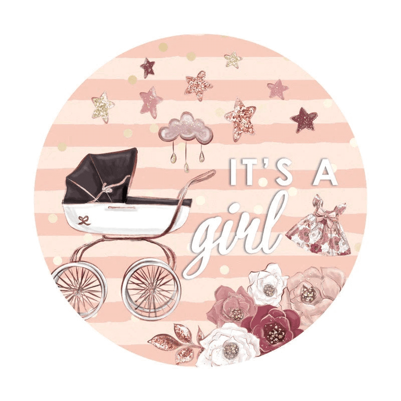 A round backdrop featuring a pink and white striped background with the text "It's a Girl" in bold white font. The design includes a vintage white baby carriage with a black canopy, floral decorations, and glittering stars in shades of pink and gold. A small cloud with hanging raindrops and a floral-patterned baby dress add to the celebratory theme, making it perfect for a baby girl announcement or celebration.