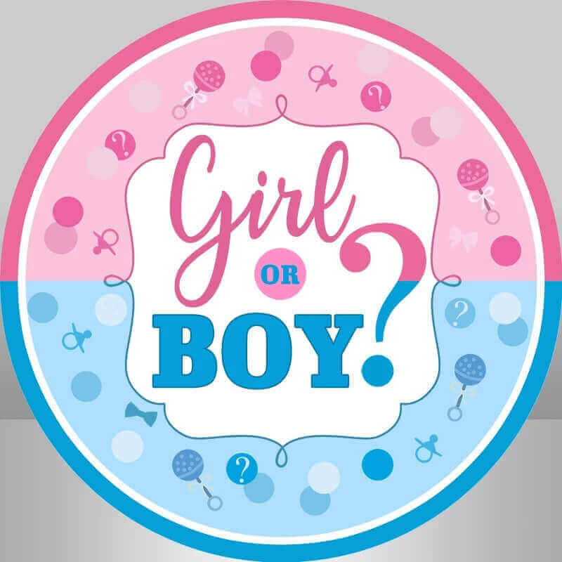 Fun and vibrant gender reveal backdrop with pink and blue colors, perfect for baby celebrations.