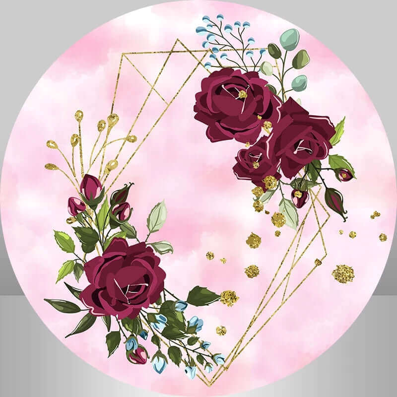 Elegant pink and red floral wedding backdrop featuring roses and gold details for photo booths and décor.