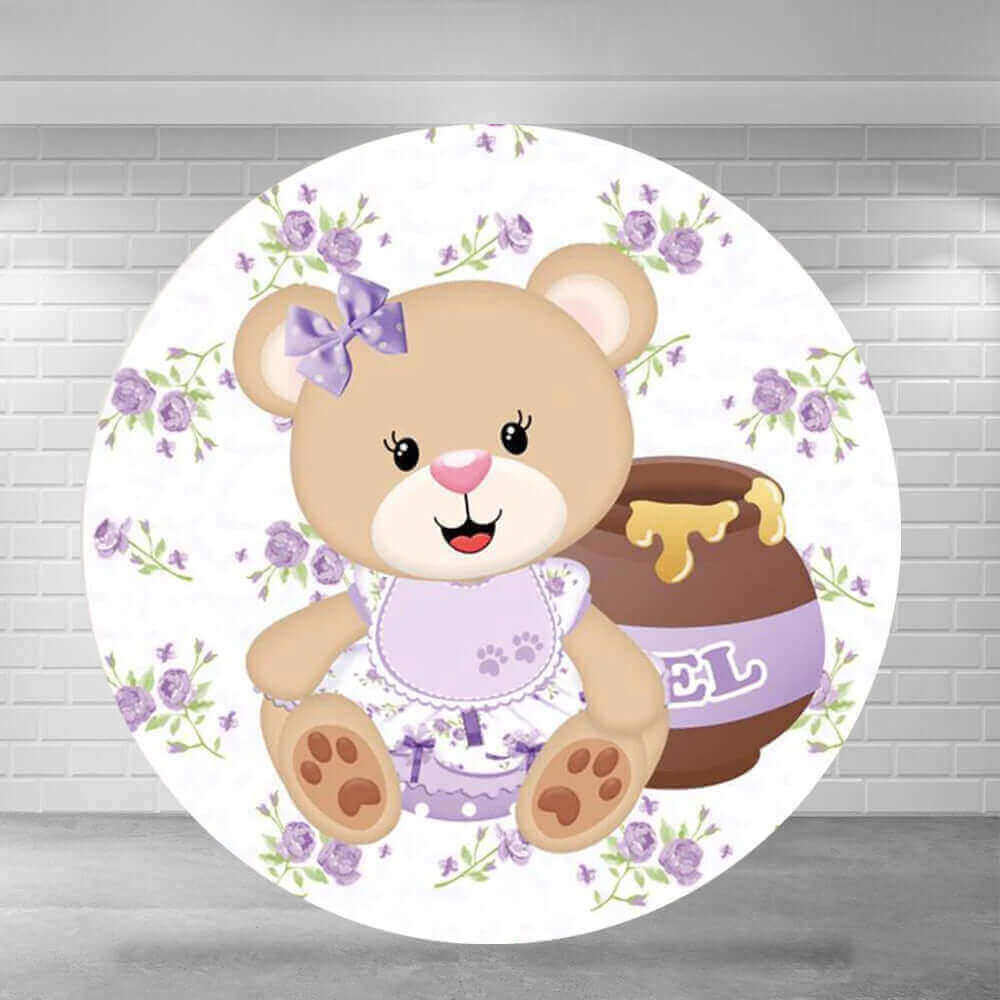 Cute bear in lavender outfit with purple flowers and honey pot for girl's baby shower or birthday backdrop.