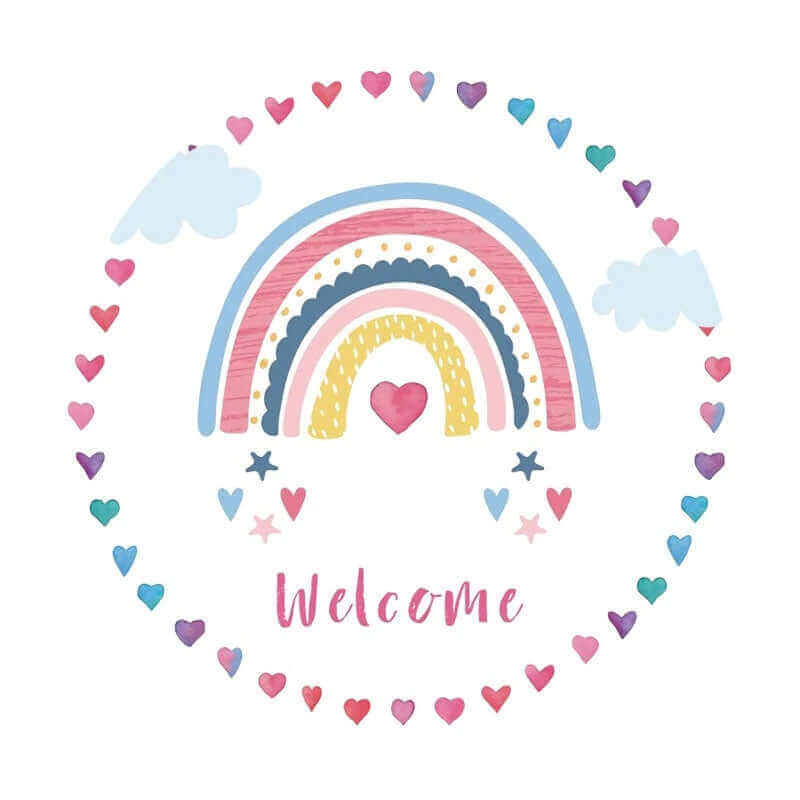 Colorful rainbow, hearts, and stars "Welcome Baby" backdrop for joyful birthday and baby celebrations.