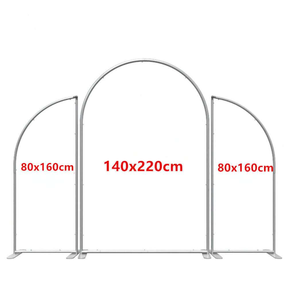 A set of three metal arched backdrop stands with dimensions labeled in red text. The central arch is 140x220 cm, while the two smaller side arches are each 80x160 cm. The stands are silver in color and have a stable base for support.