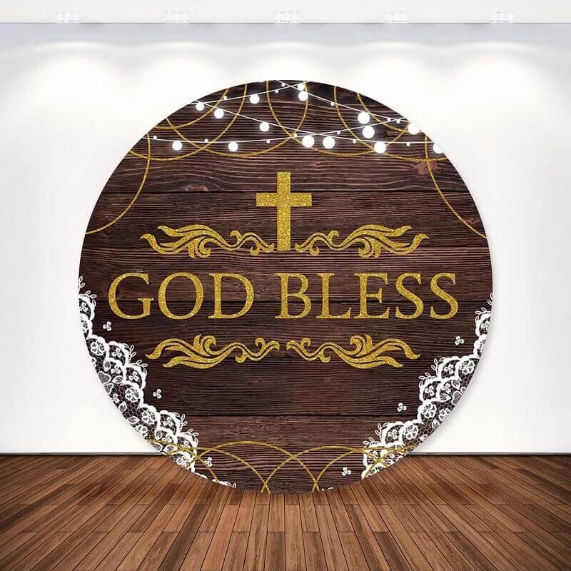"God Bless" cross backdrop with rustic wood design, lace details, and gold accents, perfect for baptisms and christenings.