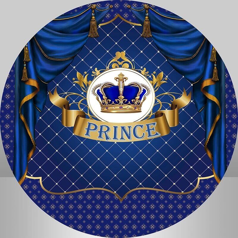 Elegant prince crown and "PRINCE" banner on royal blue backdrop, perfect for baby boy shower and party photoshoots.