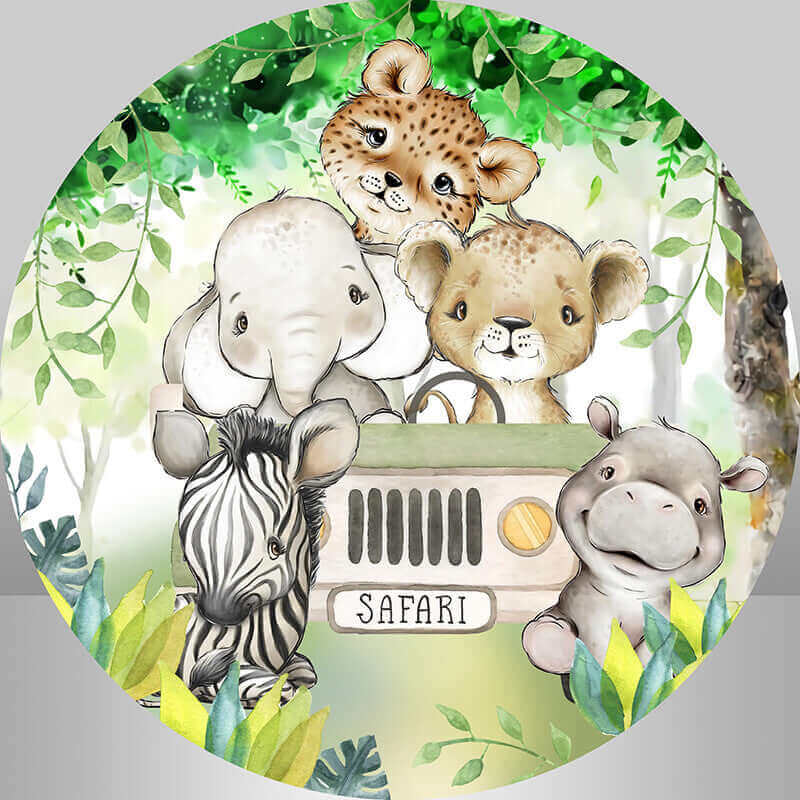 Safari animals theme baby shower backdrop featuring a zebra, elephant, lion, giraffe, and hippo in a safari jeep.