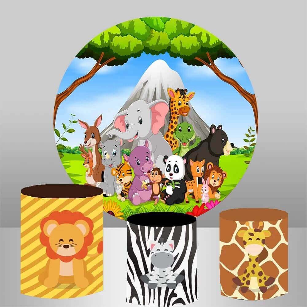 Jungle animals theme round backdrop with a variety of cute animals like elephants, lions, giraffes, and pandas, complemented by three coordinating cylinder covers with lion, zebra, and giraffe designs.
