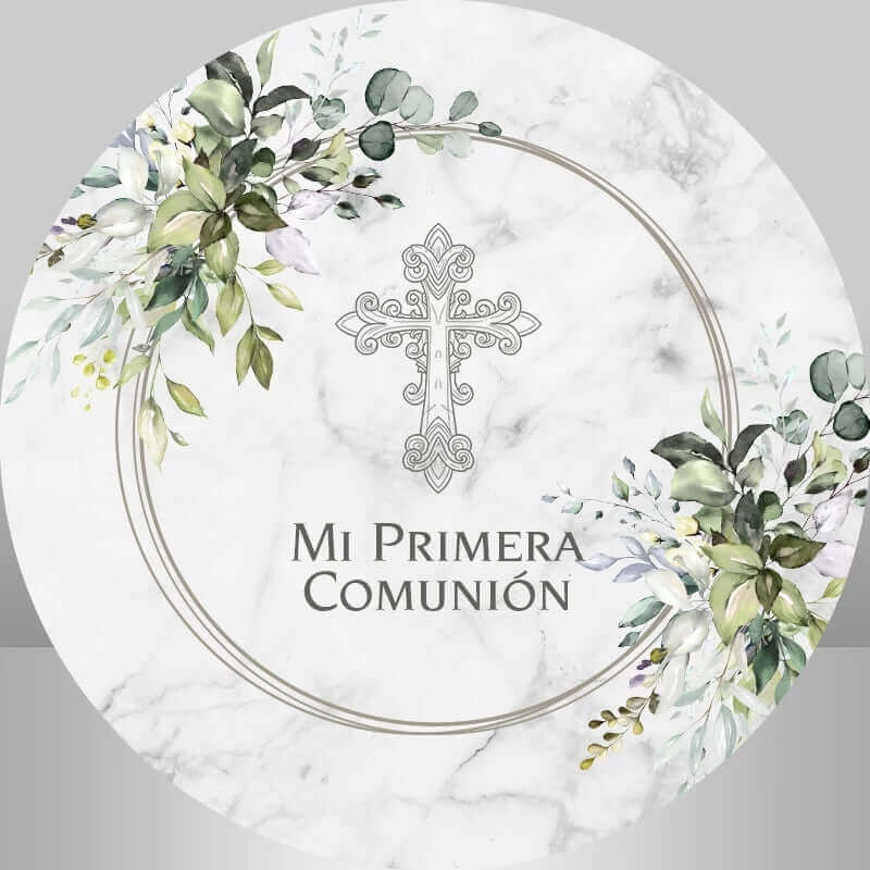 Elegant first communion round backdrop with floral accents and silver cross, ideal for religious ceremonies.