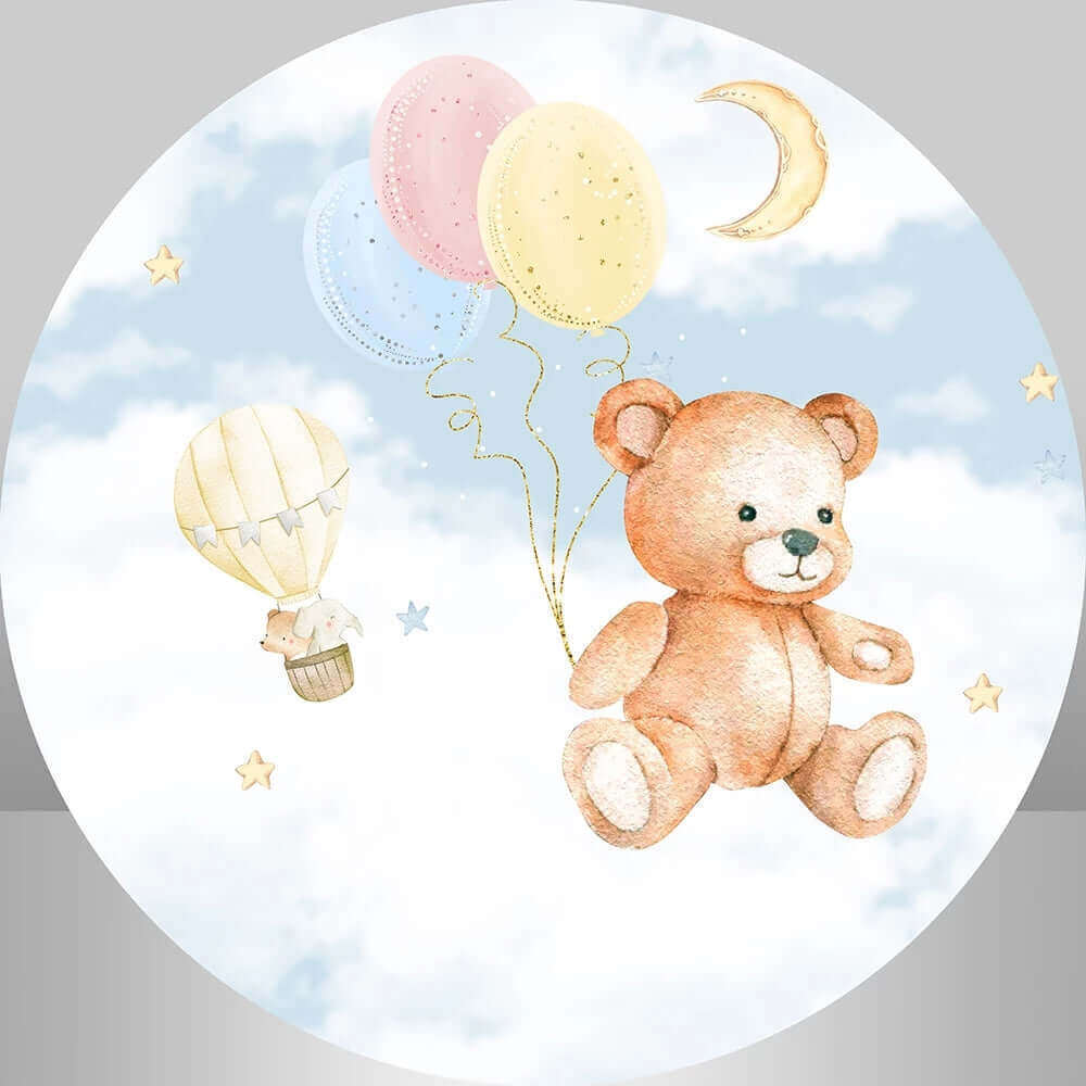 Whimsical teddy bear hot air balloon round backdrop with pastel balloons, stars, a crescent moon, and soft clouds, perfect for a gender reveal party.