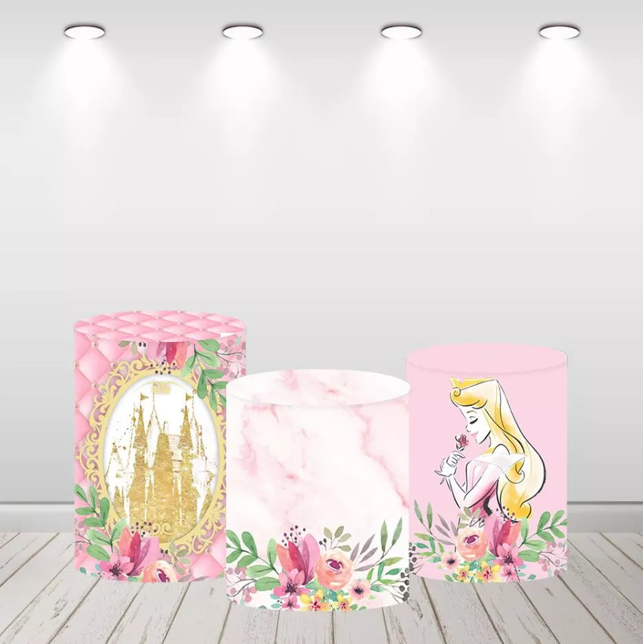 Sleeping Beauty Aurora Pink Floral Gold Glitter Castle Round Backdrop