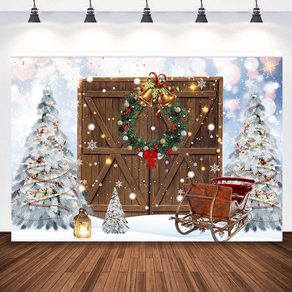 Festive Christmas backdrop featuring a rustic wooden door with a wreath, snow-covered trees decorated with lights, and a vintage sleigh in a snowy scene. Perfect for holiday decor or photo shoots.