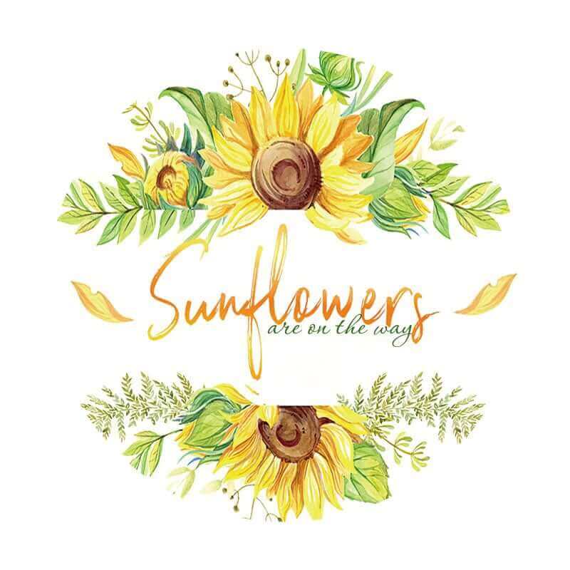 "Sunflowers Are on the Way" round backdrop featuring beautiful sunflowers and green leaves for baby shower décor.