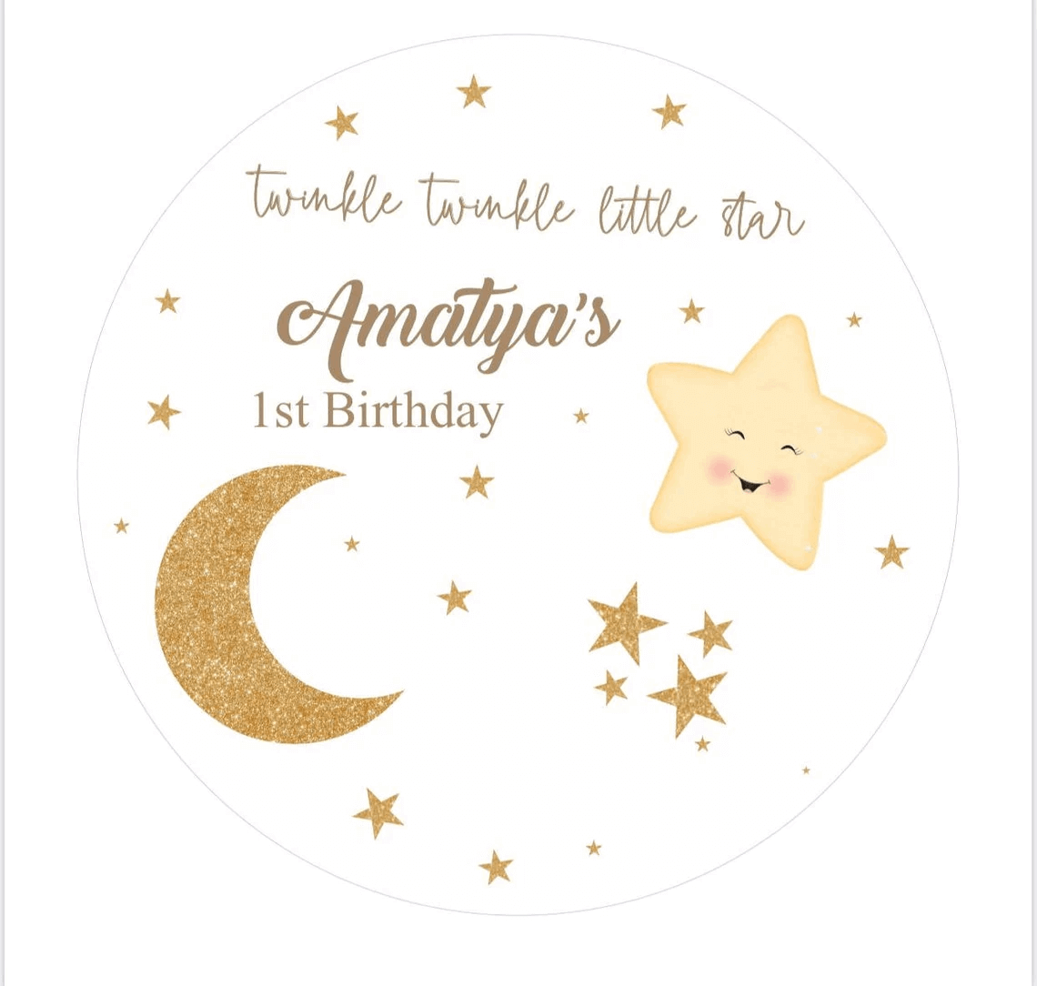 Cute 1st birthday backdrop featuring smiling star, crescent moon, and stars for a magical celebration.