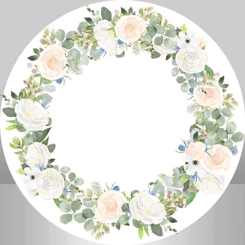 White floral round backdrop featuring a wreath of white roses, eucalyptus leaves, and greenery, ideal for bridal showers and floral-themed celebrations.