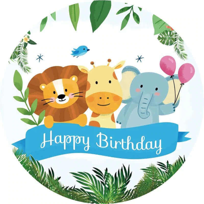 Playful animal-themed Happy Birthday backdrop featuring lion, elephant, and giraffe, perfect for children’s parties.