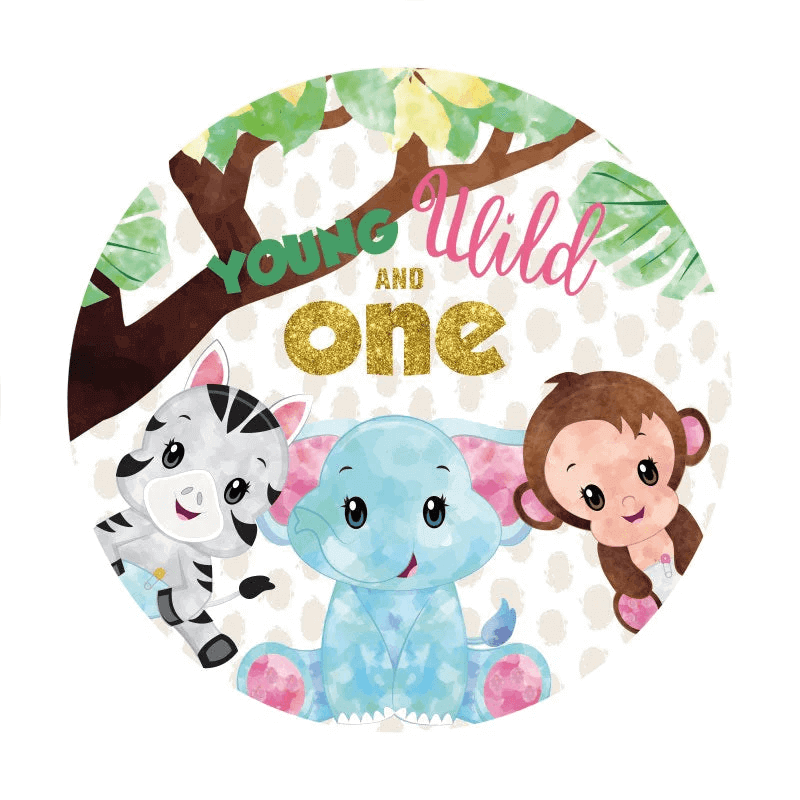 Playful animal design with "Young Wild and One" text for a fun and colorful first birthday celebration backdrop.