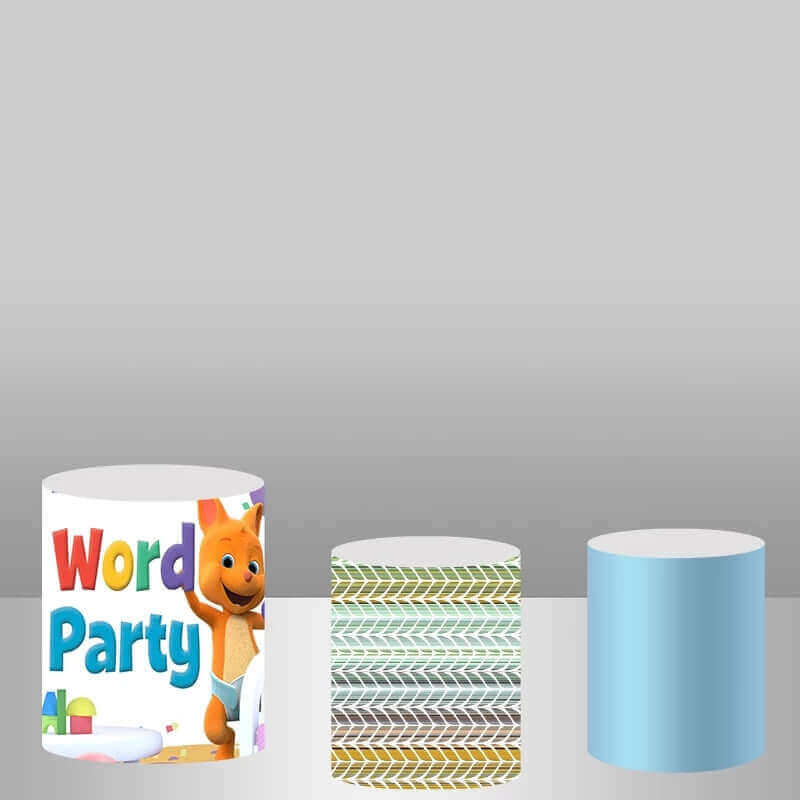Set of three colorful cylindrical plinth covers in vibrant hues with fun patterns, perfectly complementing the Word Party theme for children's birthday parties and celebrations.
