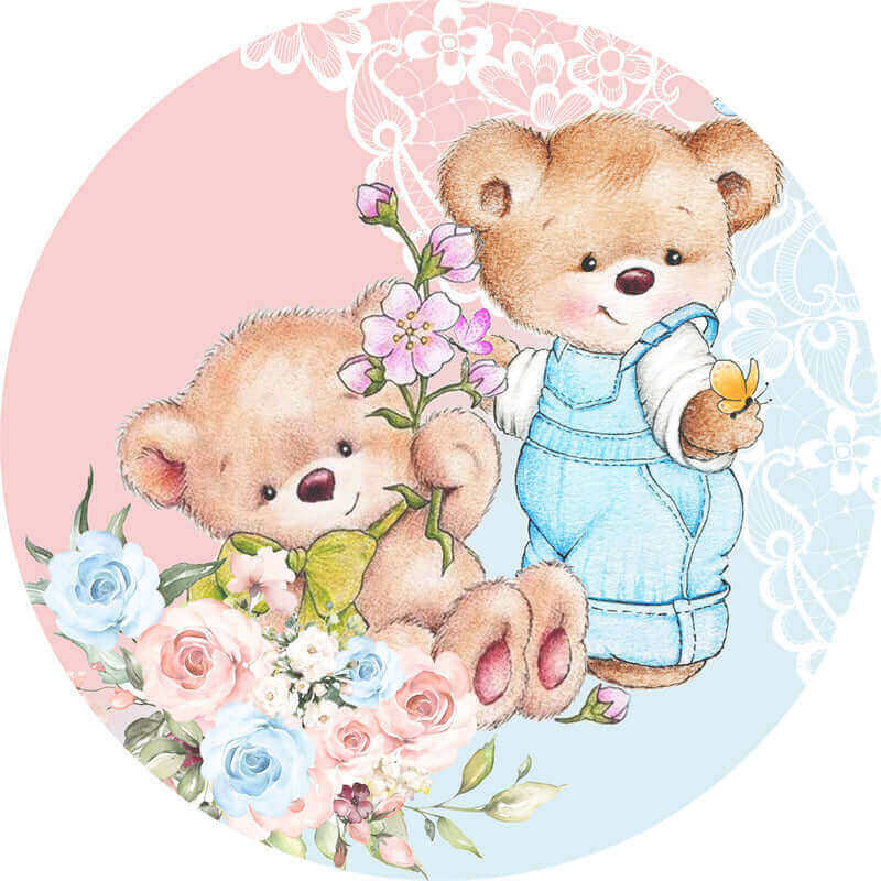 Floral bear gender reveal round backdrop with pink and blue colors, ideal for baby announcements and party decor.