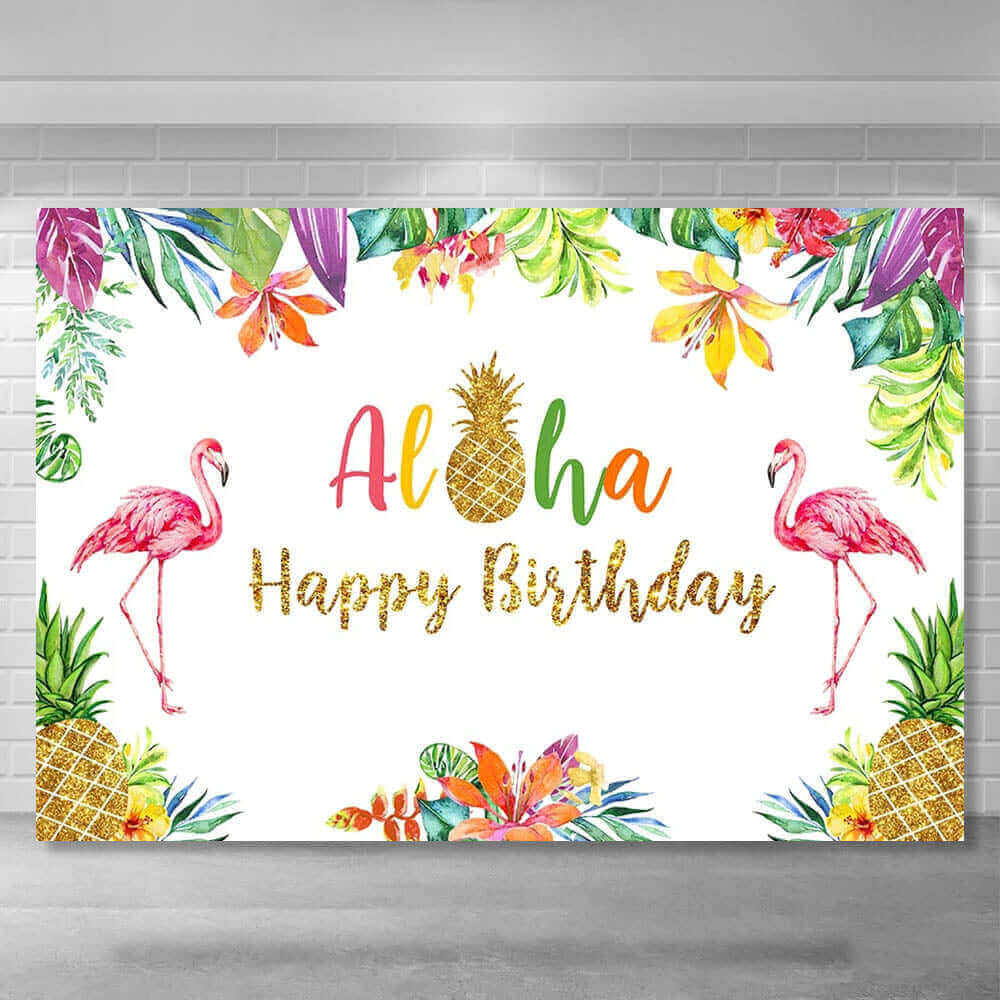A tropical Aloha-themed birthday party backdrop featuring pink flamingos, a gold pineapple, colorful tropical flowers, and lush green leaves, perfect for Hawaiian celebrations and photo backdrops.