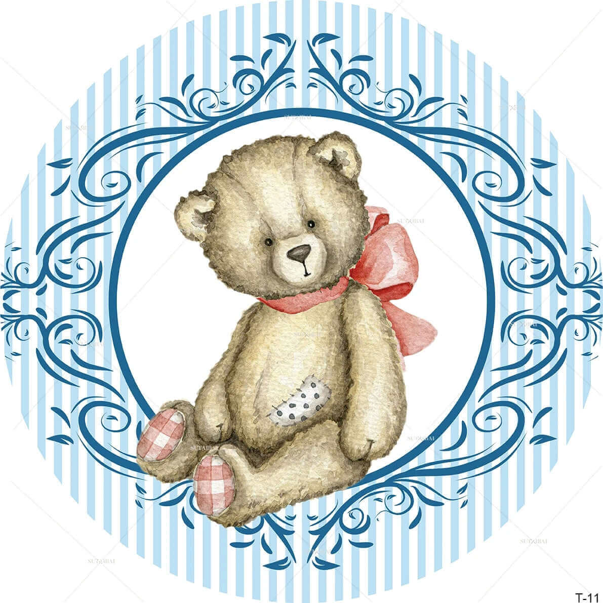 A round backdrop with a vintage teddy bear design framed by blue and white stripes, ideal for baby showers and kids' parties.
