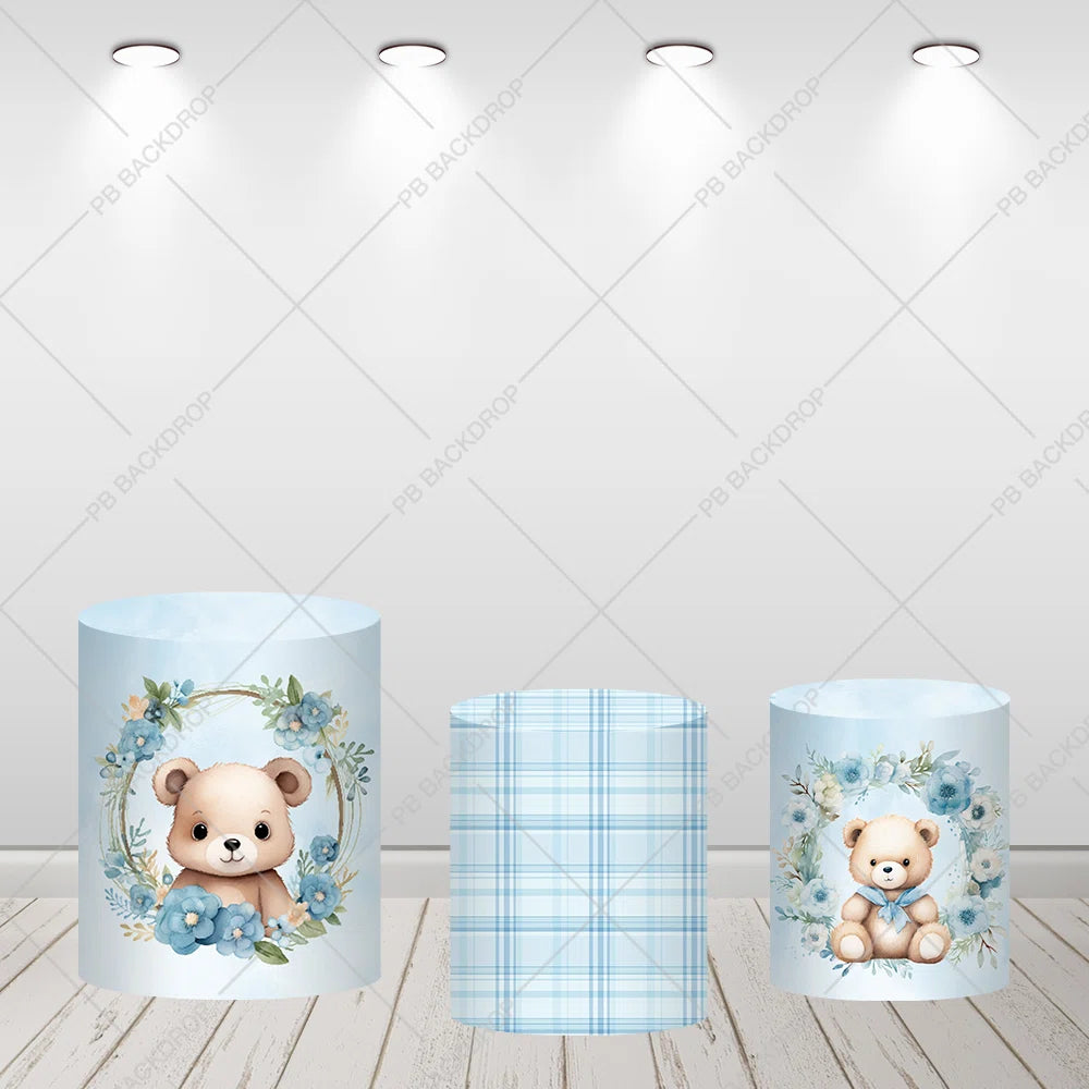 Blue Bear Boy Birthday Party Round Backdrop
