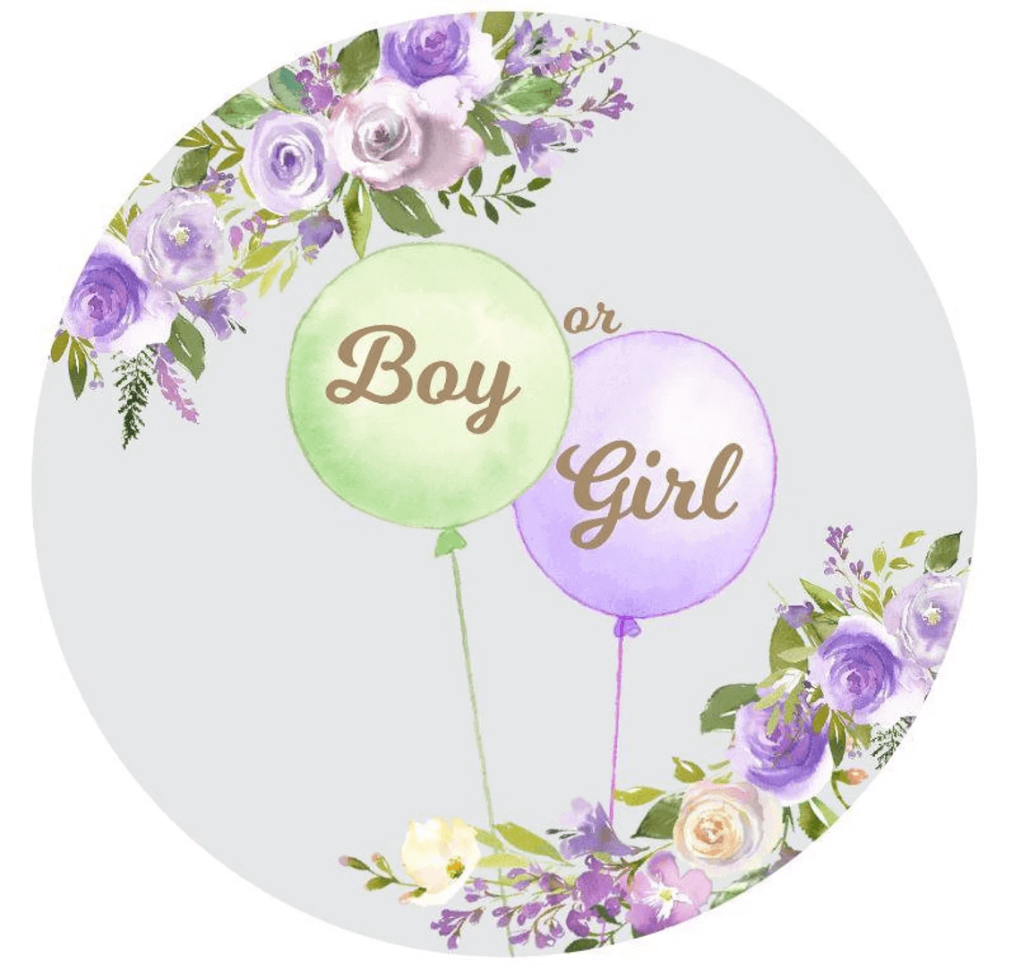 Floral gender reveal backdrop with "Boy or Girl" balloons in soft purple and green, ideal for baby showers and parties.