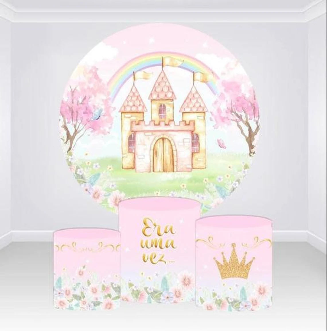Castle Princess Birthday Party Flowers Round Backdrop