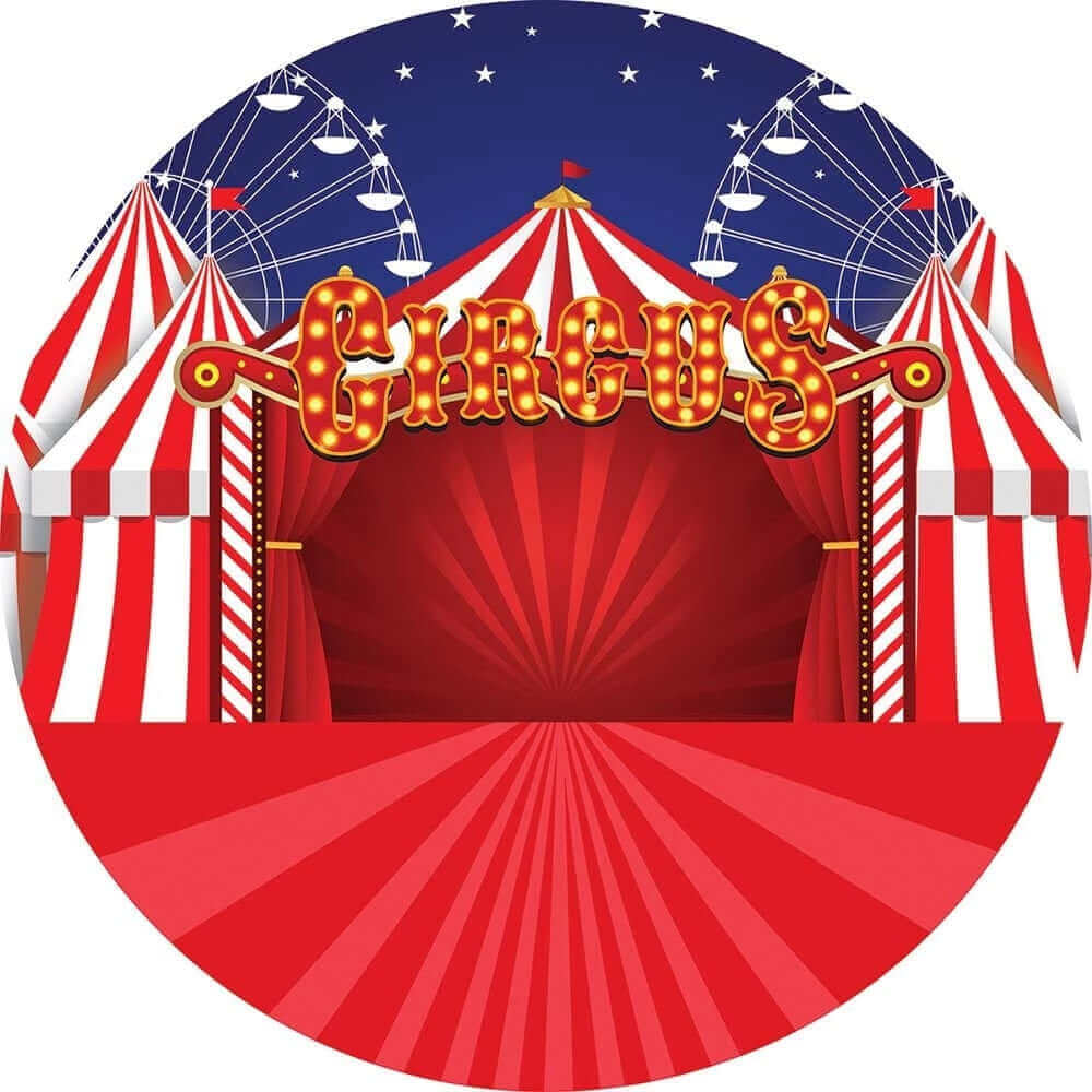 Red circus-themed birthday party backdrop with a striped tent, marquee "CIRCUS" lights, Ferris wheel, and starlit sky for carnival celebrations.