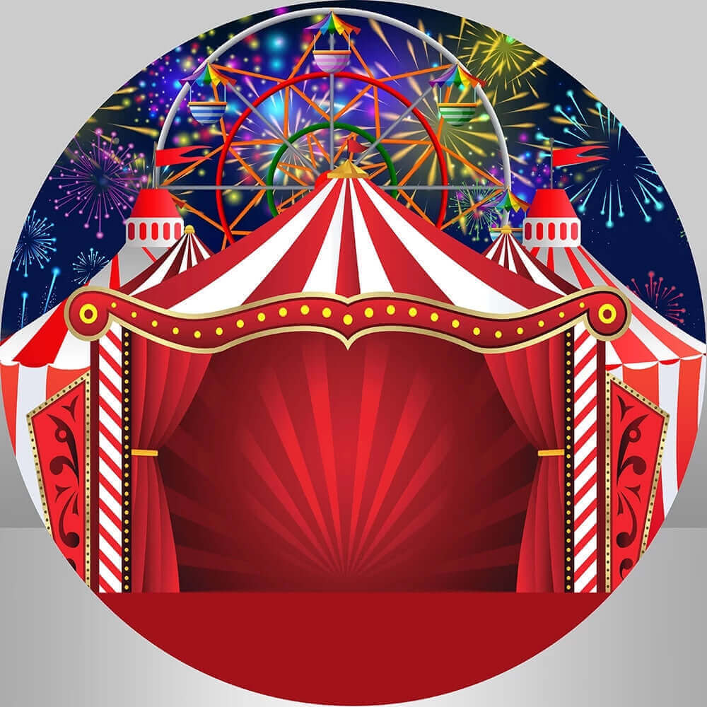 Red-and-white striped circus tent with curtains and decorative details, set as the centerpiece of a carnival backdrop